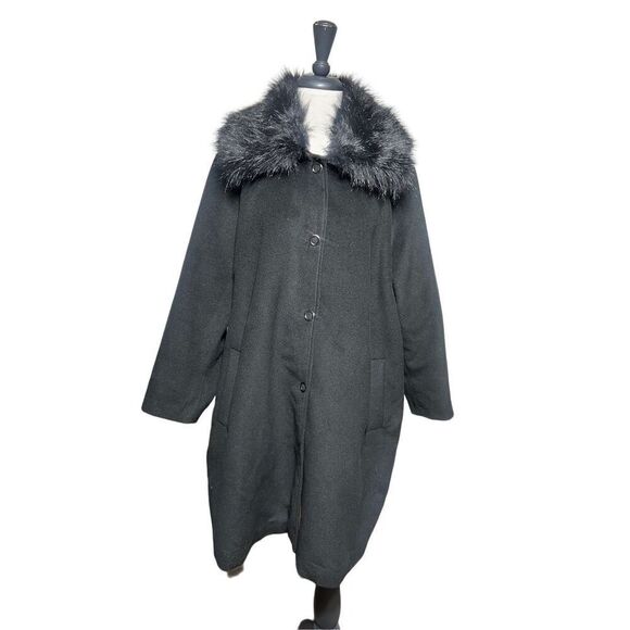 Chico's Black Trench Coat With Faux Fur Collar Size 4 Small - Picture 1 of 4